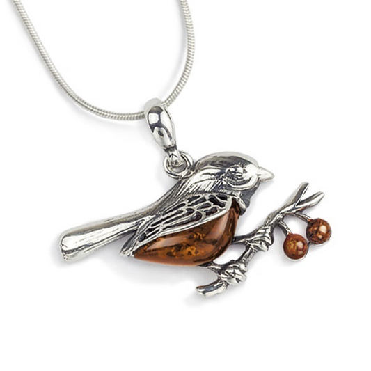 Bird on a Branch - Amber and Sterling Silver Necklace